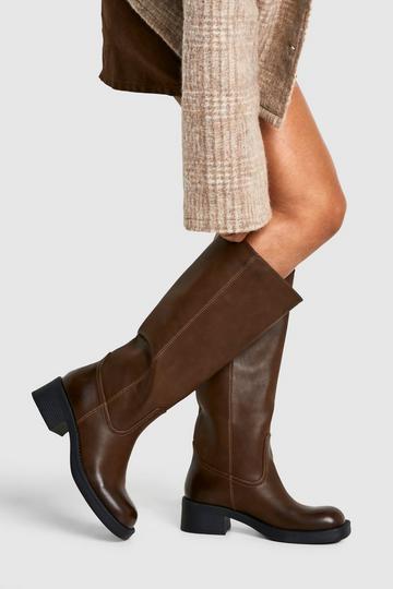 Vintage Look Burnished Toe Column Knee High Boot brown