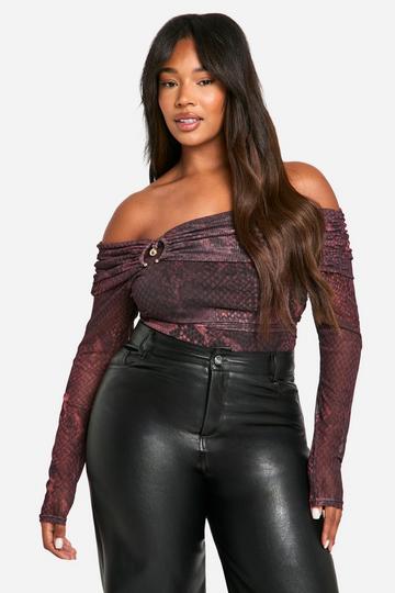 Plus Dark Snake Off The Shoulder Ring Detail Bodysuit black