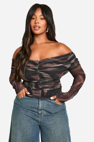 Black Plus Animal Ruched Front Off The Shoulder Long Sleeve Top