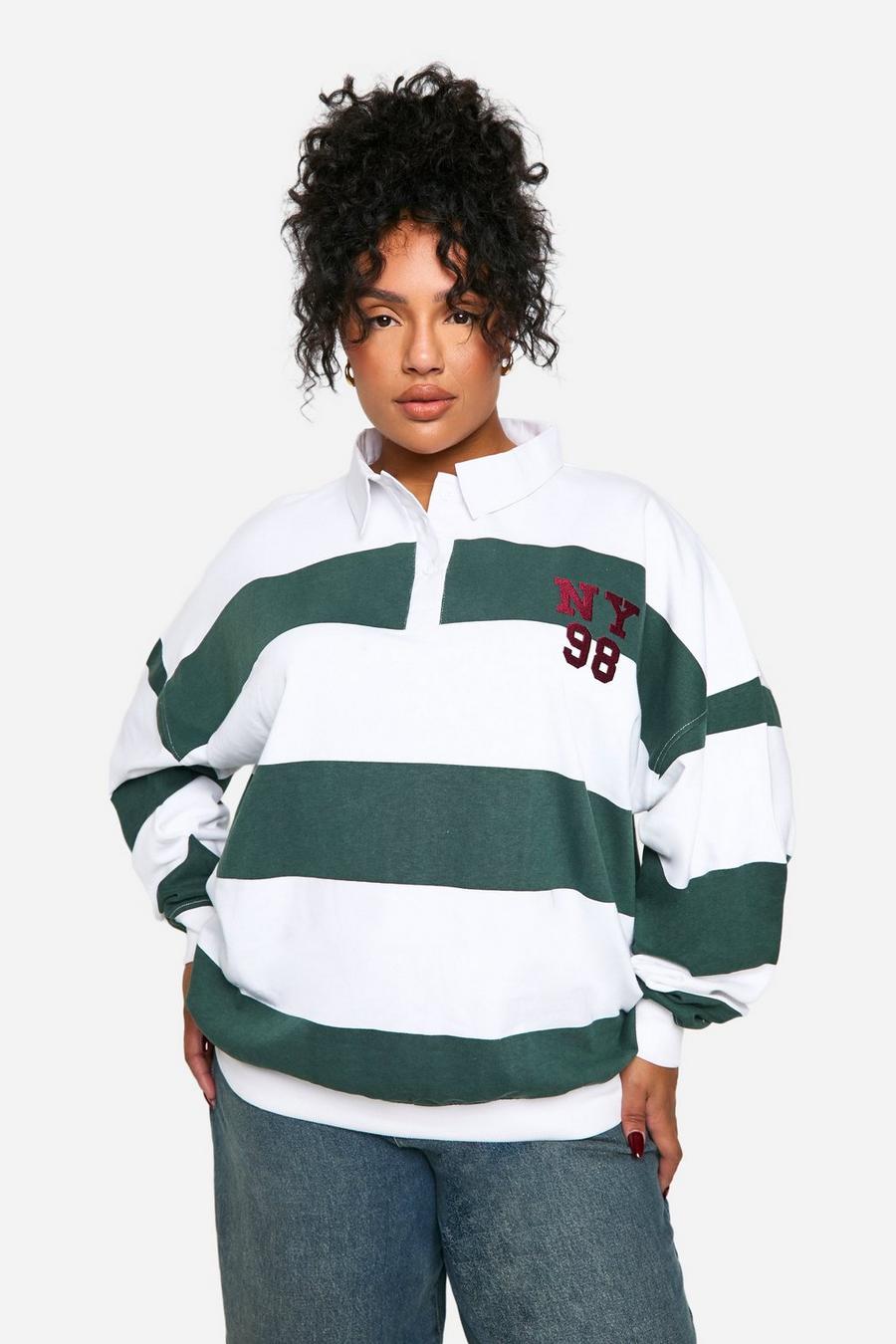 Plus NY STRIPE COLLARED RUGBY SHIRT | boohoo Plus NY STRIPE COLLARED RUGBY SHIRT | boohoo