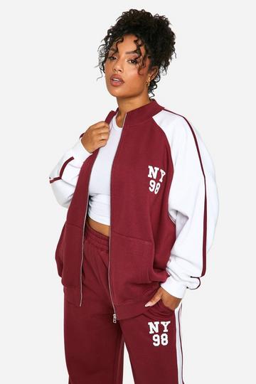 Burgundy Red Plus Ny Color Block Zip Through Bomber Sweatshirt