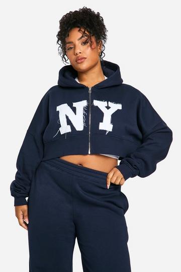 Plus NY Self Fabric Applique Boxy Zip Through Hoodie navy