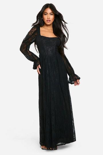 Black Long Sleeve Square Neck Lace Maxi Dress