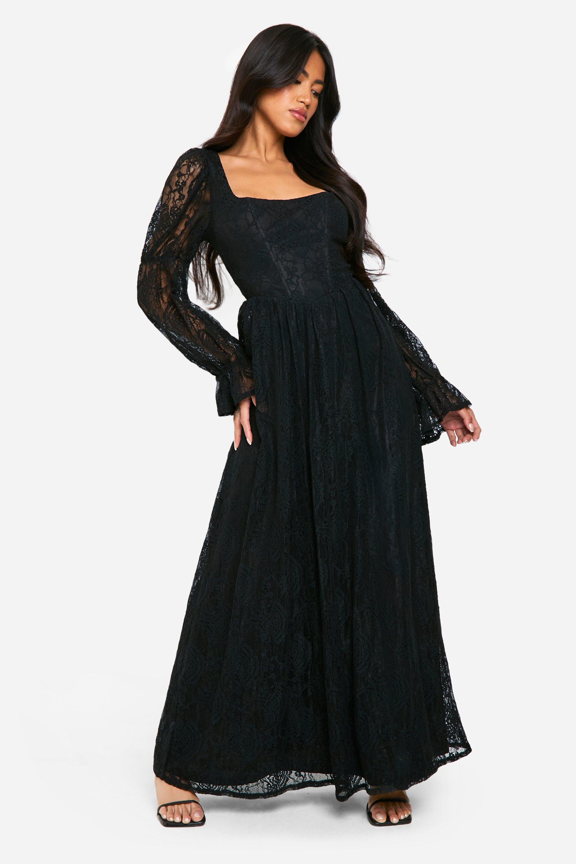 Boohoo Women s Long Sleeve Square Neck Lace Maxi Dress Black