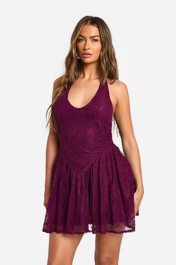 Plum Purple Halter Lace Mini Dress