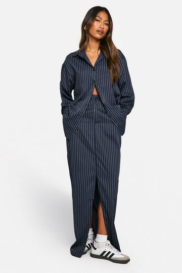 Navy Pinstripe Split Front Maxi Skirt