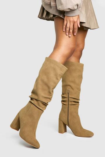 Ruched High Block Heeled Knee High Boots camel