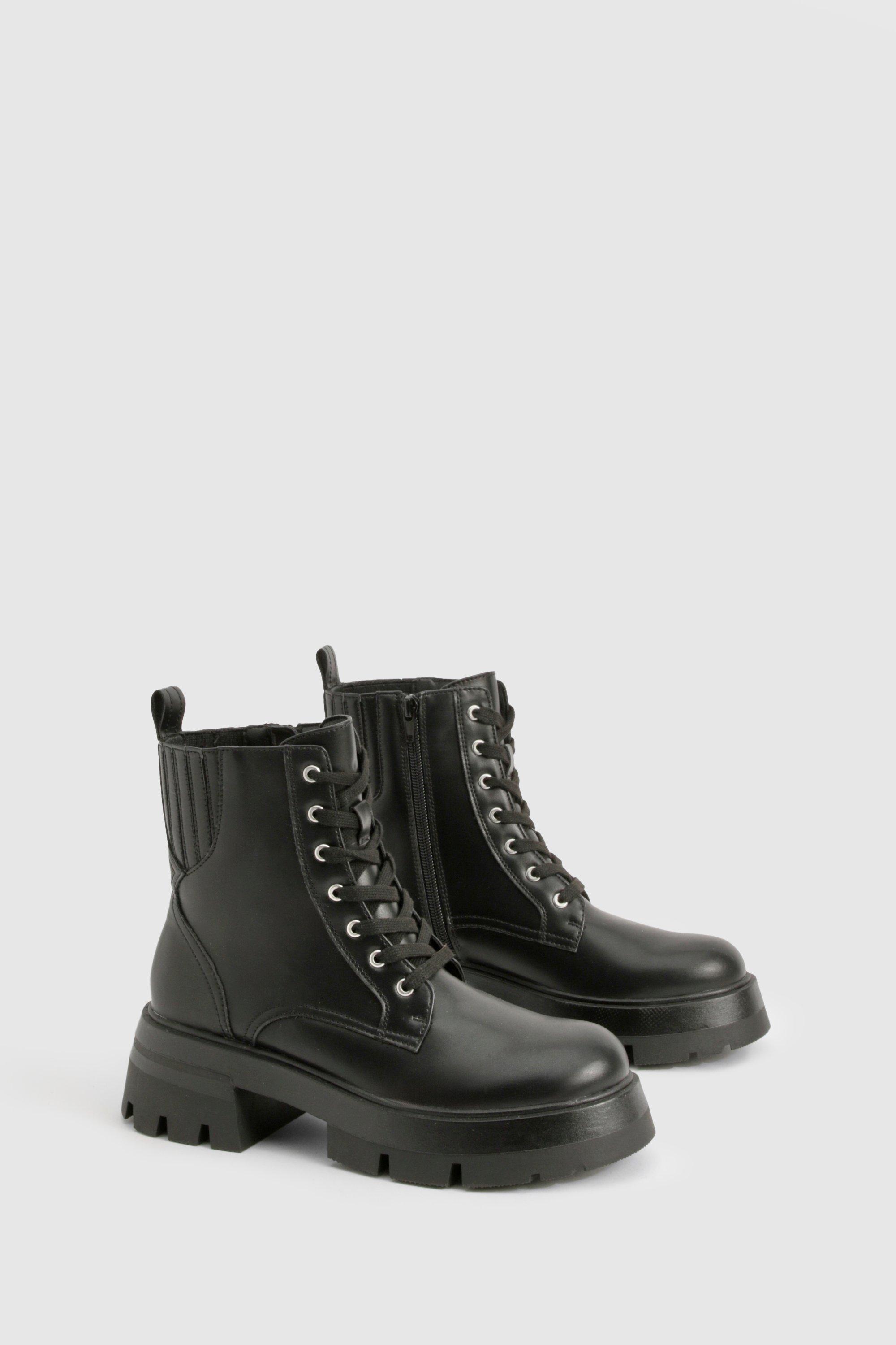 boohoo Chunky Lace Up Hiker Boots Black Size 9