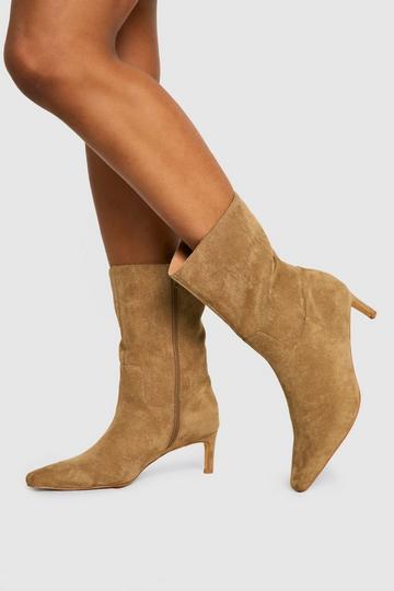 Brown Calf high Low Heeled Pointed Boots