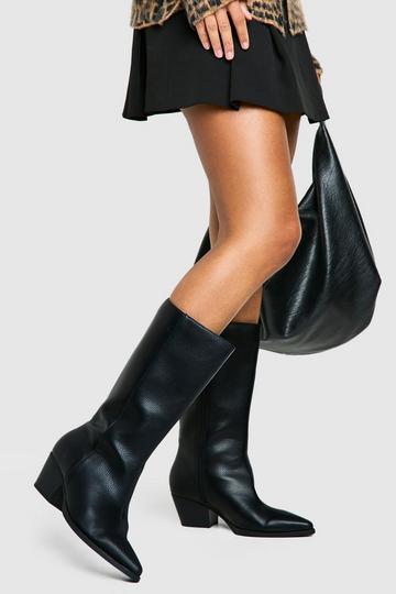 Wide Fit Textured Low Block Calf High Western Boots black