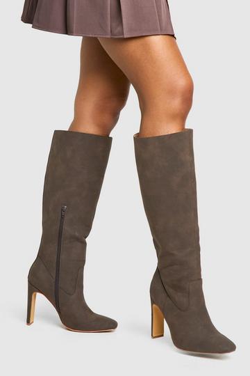 Brown Wide Fit Nubuck Low Heel Knee High Boots