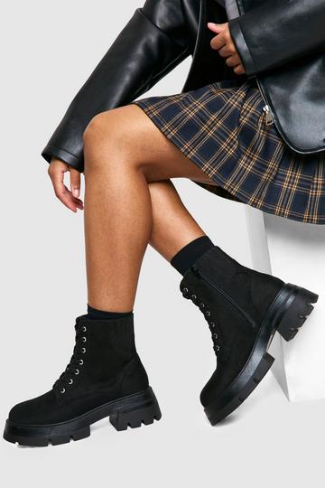 Wide Fit Chunky Platform Heeled Lace Up Ankle Boot black