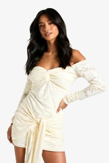 Petite Burnout Bardot Twist Wrap Mini Dresss ivory