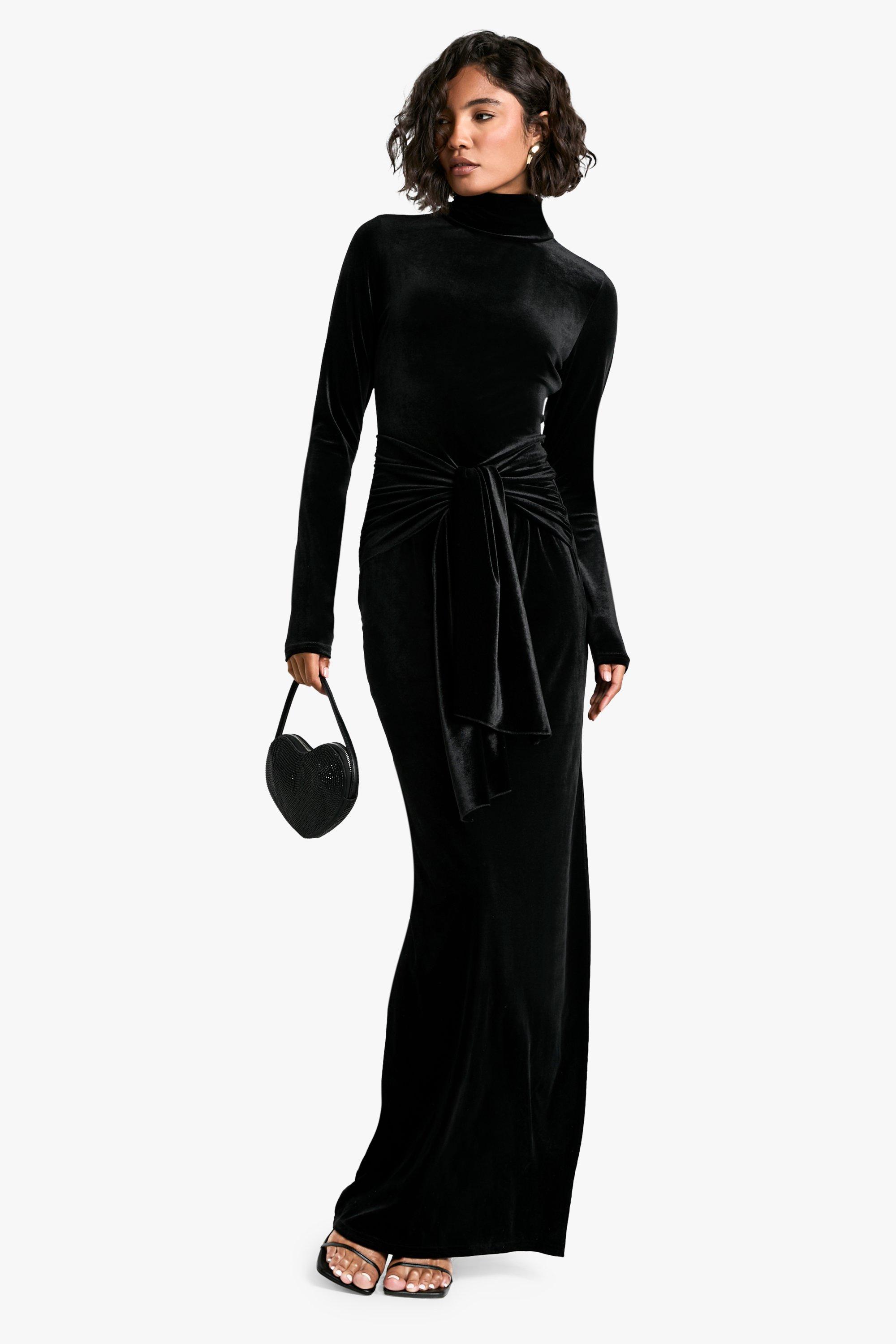 Black velvet maxi dresses boohoo UK