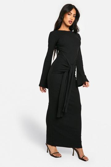 Black Wide Rib Ruched Tie Maxi Dress