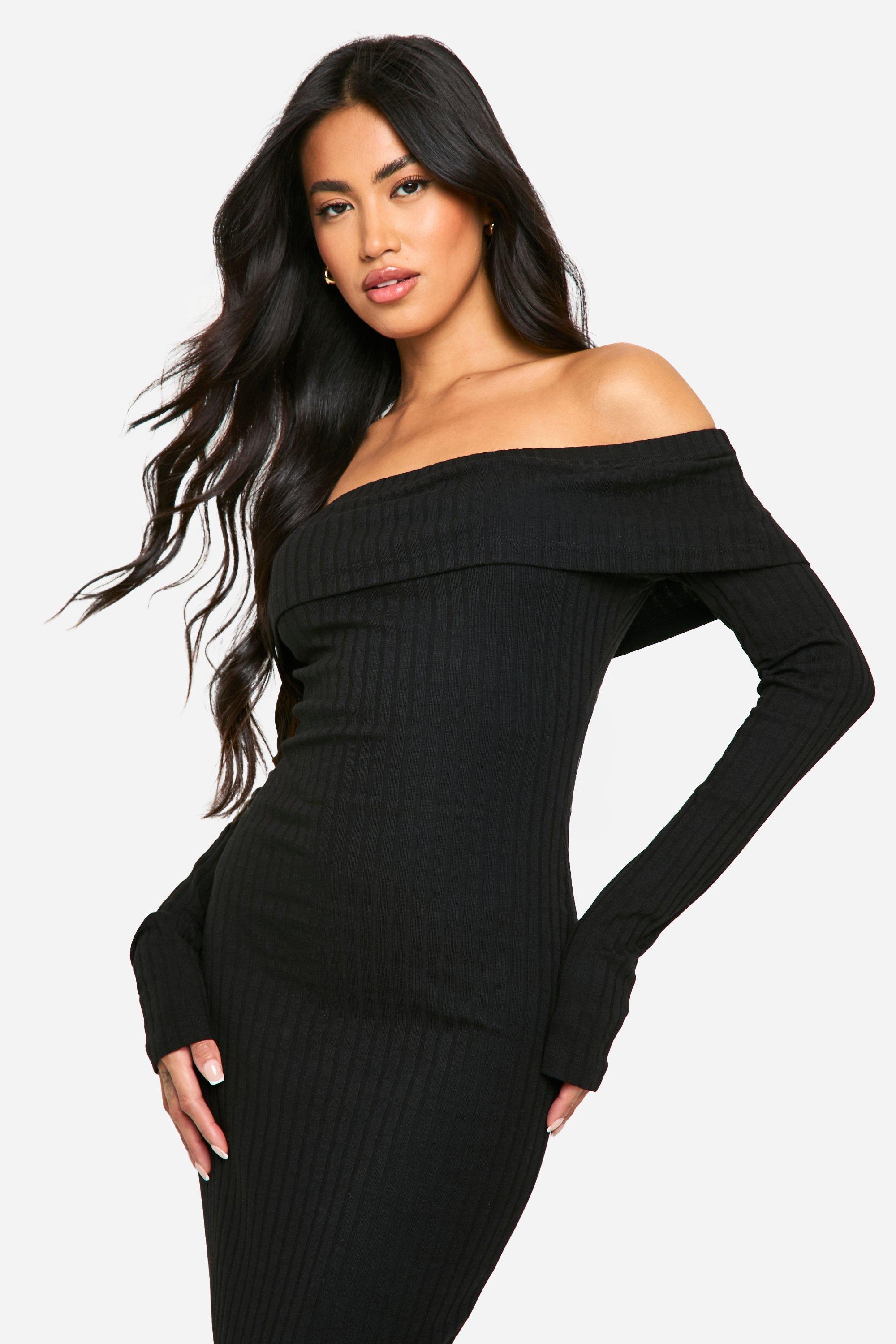 Boohoo black bardot dress hotsell