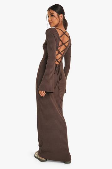 Wide Rib Tie Back Flare Sleeve Maxi Dress chocolate