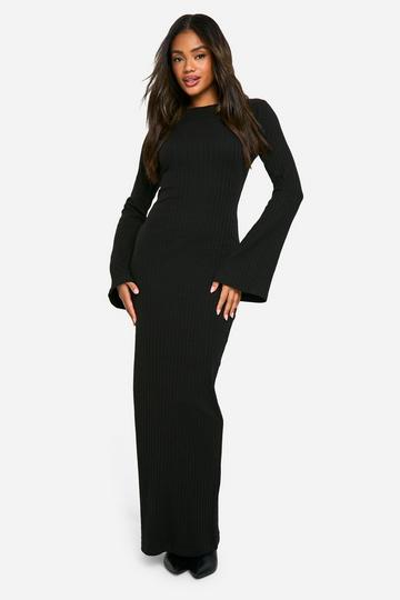 Black Wide Rib Tie Back Flare Sleeve Maxi Dress