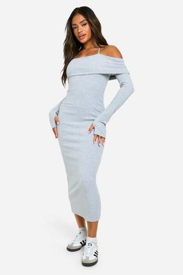 Wide Rib Off The Shoulder Tie Midi Dress grey marl