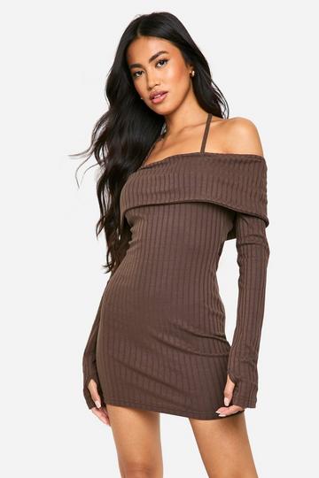 Wide Rib Bardot Tie Mini Dress chocolate