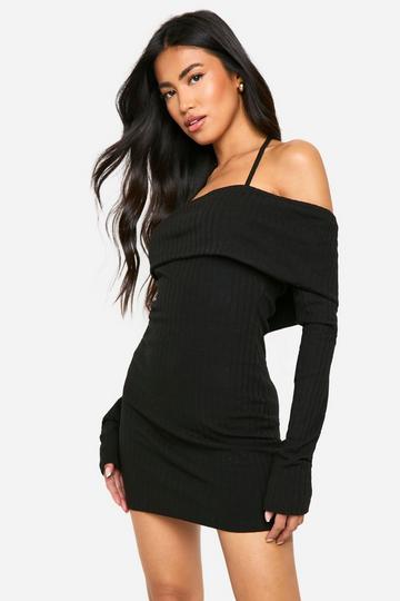 Wide Rib Bardot Tie Mini Dress black