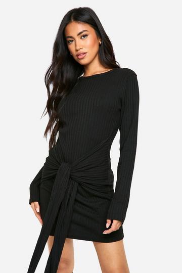 Wide Rib Ruched Tie Mini Dress black