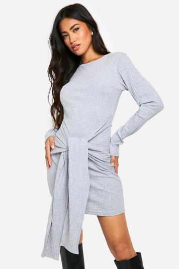 Geribbelde Geplooide Mini Jurk Met Strik grey marl