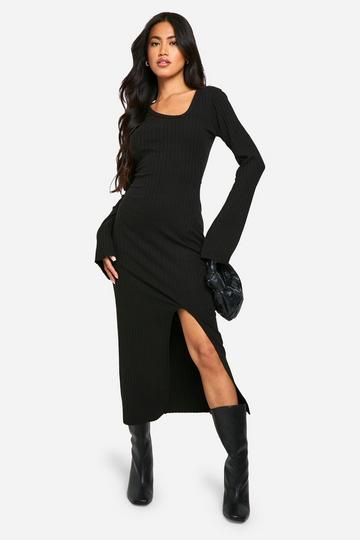 Black Wide Rib Asymmetric Neck Midaxi Dress