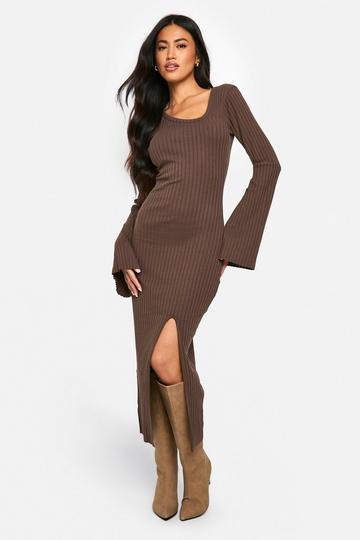 Wide Rib Assymetric Neck Midi Dress chocolate