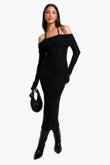 Wide Rib Bardot Tie Midaxi Dress black