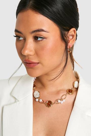 Pearl and Stone Statement Necklace gold