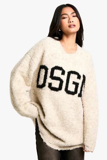 Oversized Gebreide Bouclé Dsgn Trui Met Tekst oatmeal