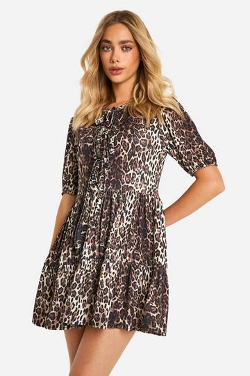 Leopard Rib Tie Front Smock Dress brown