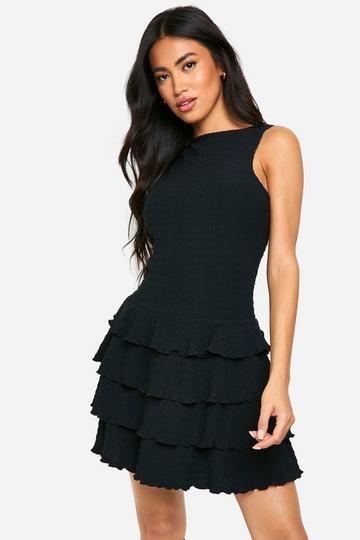 Black Textured Ruffle Layered Hem Racer Neck Mini Dress