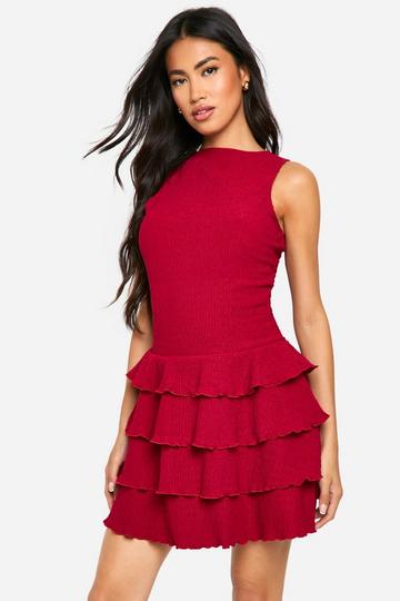 Textured Ruffle Layered Hem Racer Neck Mini Dress cherry