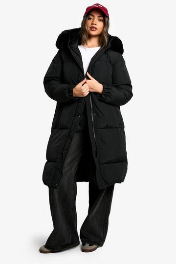 Longline Faux Fur Hood Padded Parka black