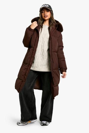 Longline Faux Fur Hood Padded Parka chocolate