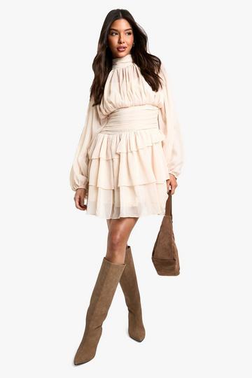 Chiffon Pleated Mini Dress cream