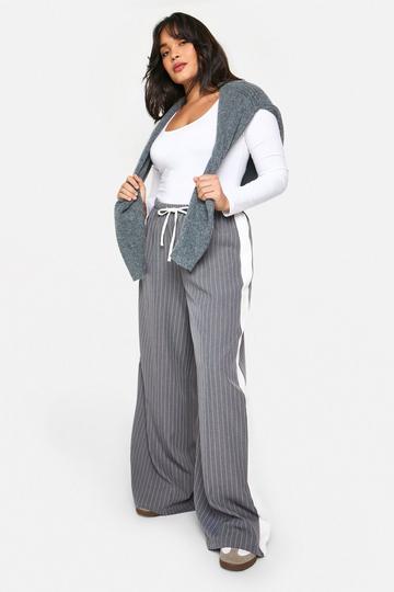 Plus drawstring waist stripe wide leg trouser charcoal