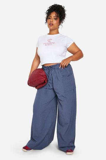 Plus Geweven Gestreepte Wide Leg Broek Met Elastische Taille navy