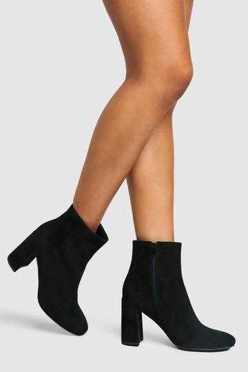 Black Faux Suede Block Heeled Ankle Boot