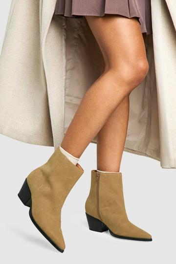 Taupe Beige Wide Fit Nubuck Low Block Ankle Western Boots