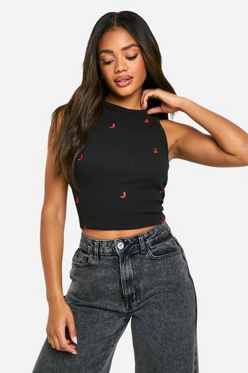 Black Chilli Embroidered Ribbed Tank Top