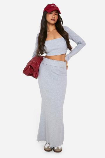 Rib Distressed Hem Maxi Skirt grey marl