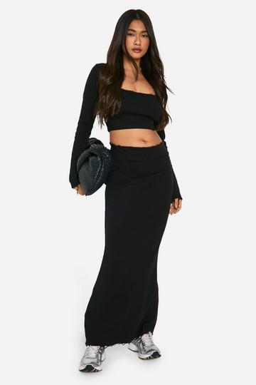 Rib Distressed Hem Maxi Skirt black