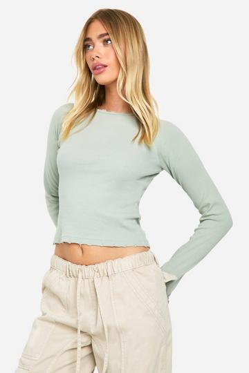 Rib Distressed Hem Long Sleeve Top sage