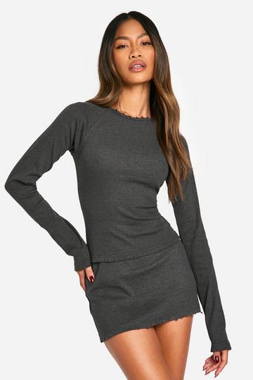 Rib Distressed Hem Long Sleeve Top charcoal