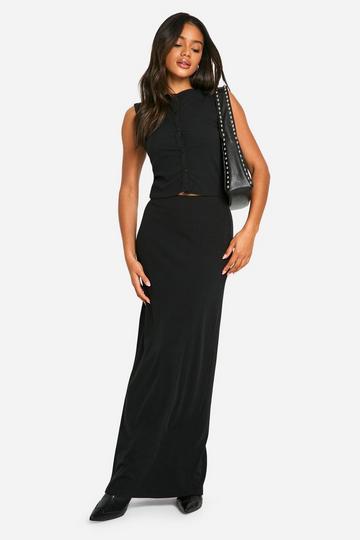 Soft Rib Button Through Top and Maxi Skirt Coord true black