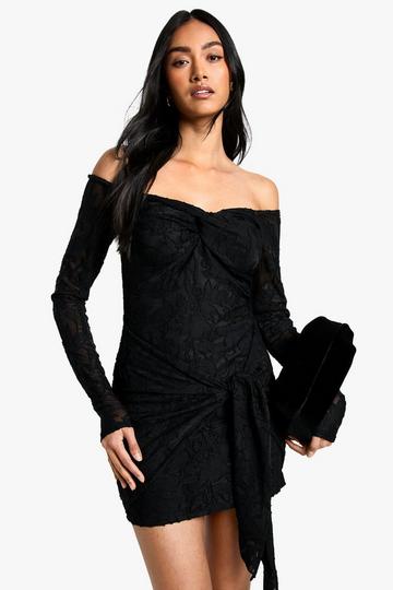 Tall Burnout Bardot Twist Wrap Mini Dress black