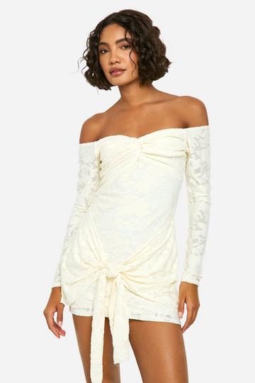 Tall Burnout Bardot Twist Wrap Mini Dress ivory